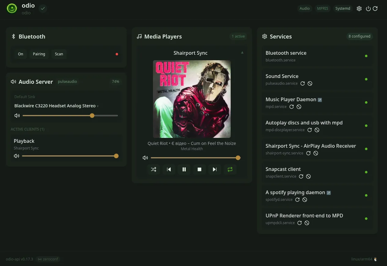 odio embedded UI with Shairport Sync as the active media player, showing cover art, track metadata and playback controls