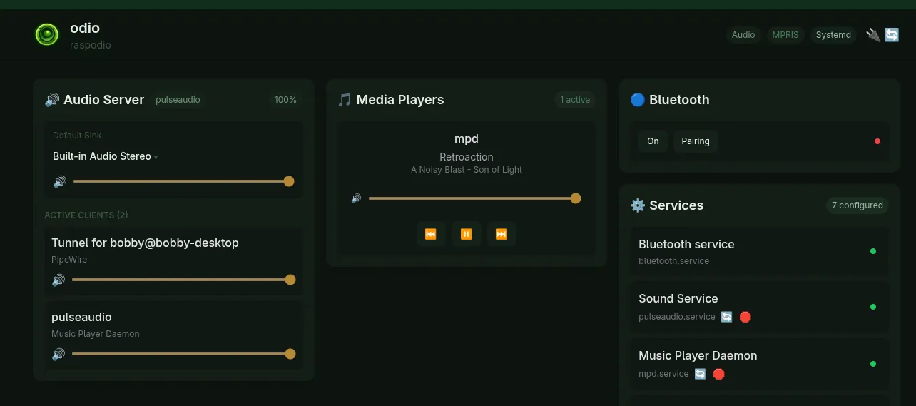 Embedded UI playing an audio CD via MPD — track metadata displayed without cover art
