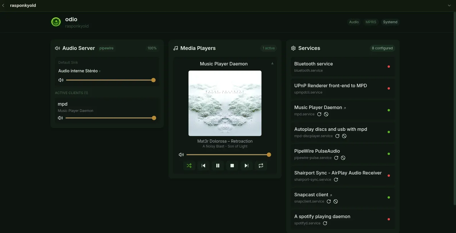 odio embedded UI playing an audio CD via MPD: Retroaction - A Noisy Blast - Son of Light, with album cover art and full transport controls