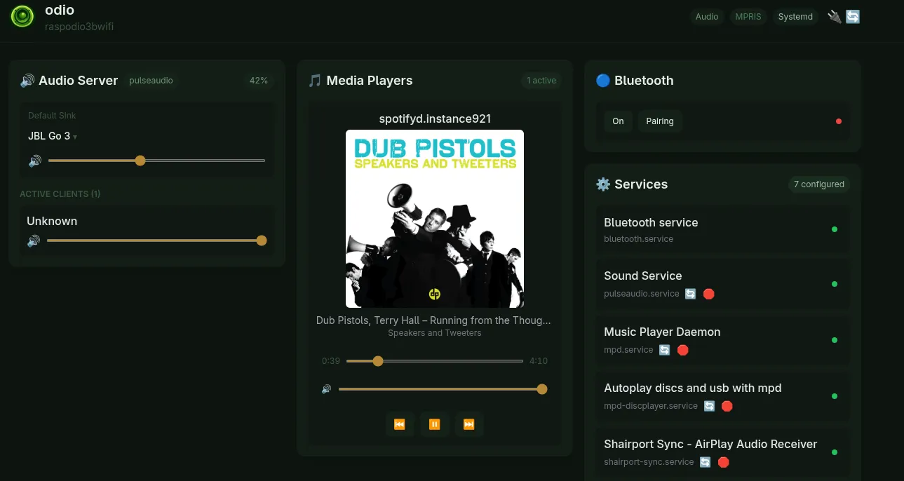 odio embedded UI with a JBL Go 3 selected as the Default Sink, Spotifyd streaming through it