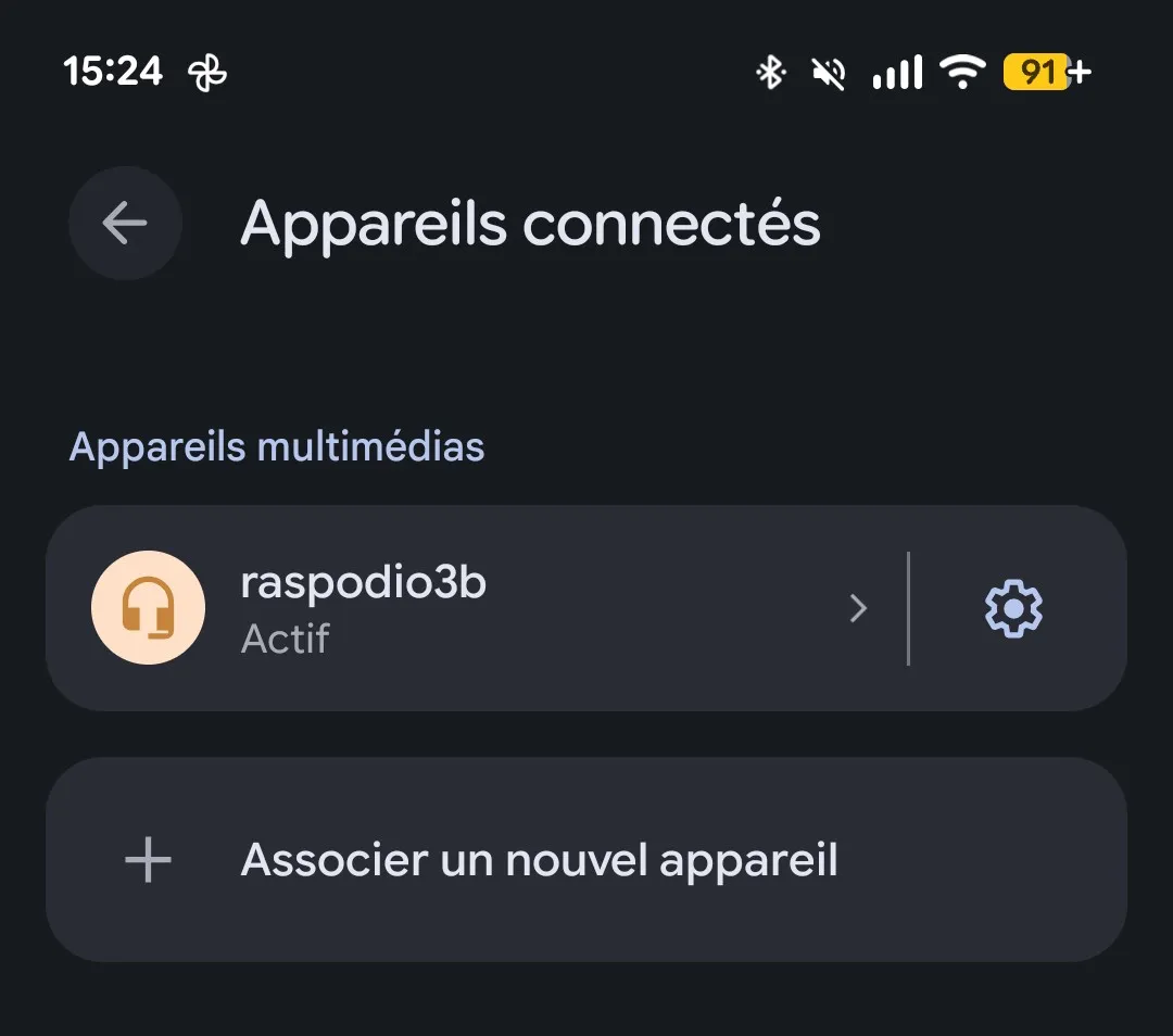 Android showing the odio node as a connected active media device