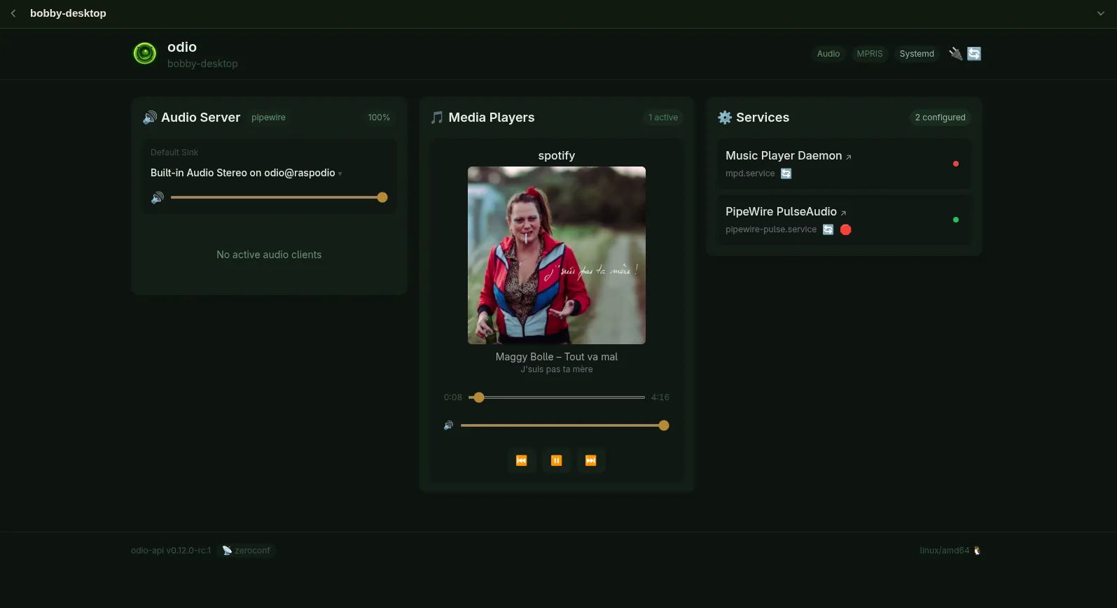 odio embedded UI on a Linux desktop with PipeWire as audio server, Spotify playing, and MPD and PipeWire-Pulse as managed services