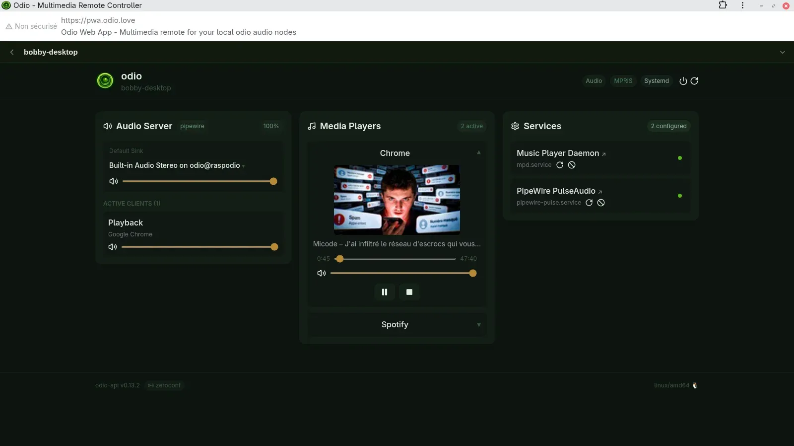 Embedded UI on a desktop node: a Chrome browser tab playing a video appears as an MPRIS media player, audio routed to a remote raspodio sink, with Spotify as a second player and PipeWire as the audio server