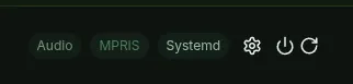 Embedded web UI header showing the Audio, MPRIS and Systemd backend badges, then the settings gear, power and refresh icons