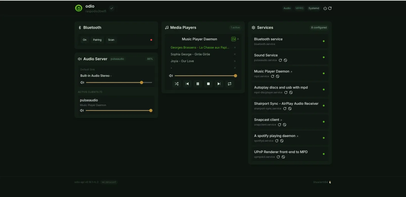 Embedded web UI with the Media Players card showing the MPD queue instead of the cover: four rows with a remove cross each, the playing one highlighted in green, transport controls below, next to the Bluetooth, Audio Server, and Services panels