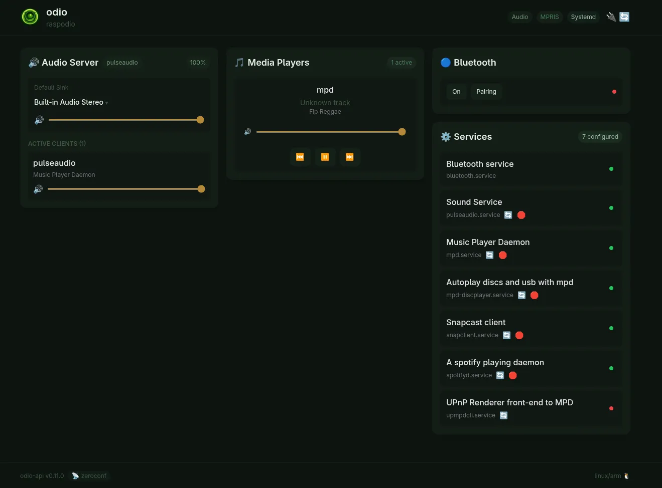 odio embedded UI with MPD active as the media player, playing a webradio stream