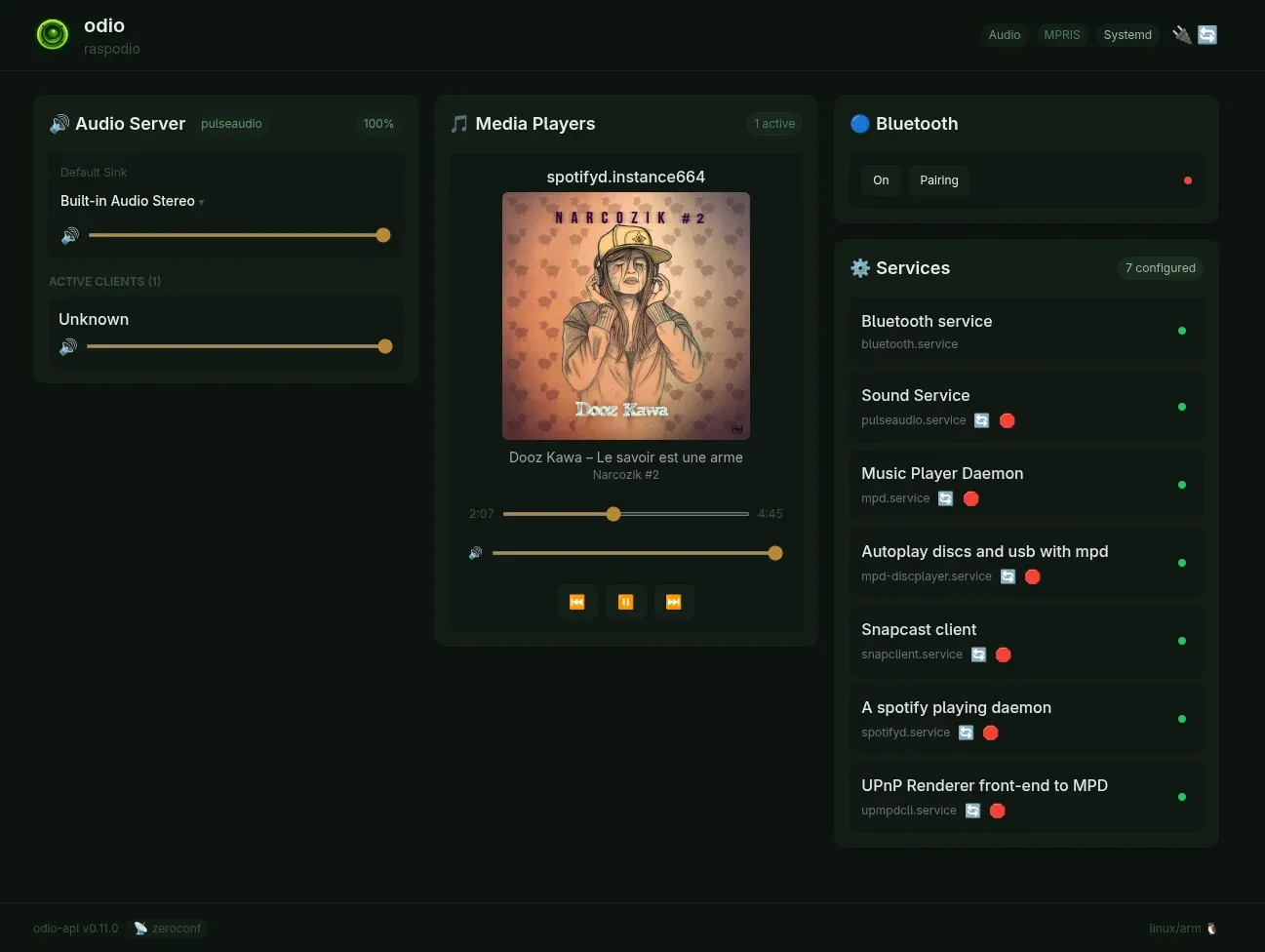 odio embedded UI on a Raspberry Pi with PulseAudio, Spotifyd playing, and Bluetooth pairing controls