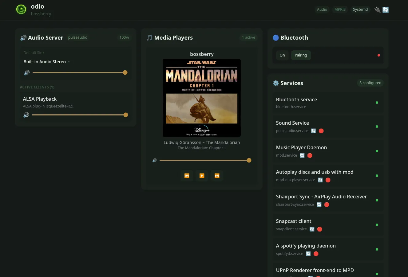 odio UI with Squeezelite as an MPRIS media player, playing Ludwig Göransson's The Mandalorian Chapter 1 with cover art and transport controls, and an ALSA Playback client from squeezelite-R2 active on the PulseAudio server