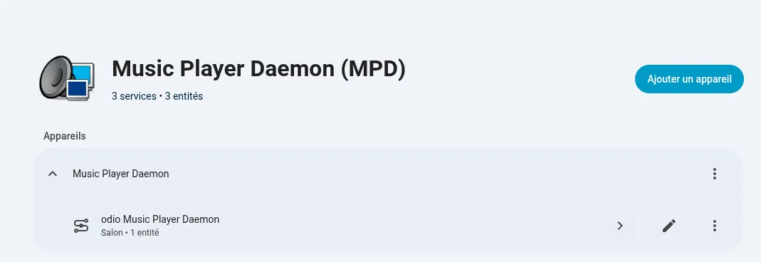 Home Assistant MPD integration picking up the odio node as a Music Player Daemon device in the Salon area