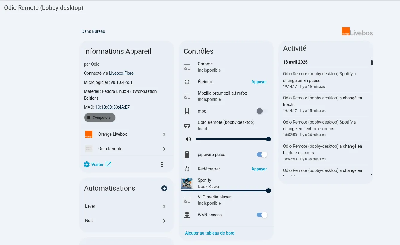Home Assistant device view of a desktop odio node on Fedora Linux 43, showing firmware version, MPRIS media players (Chrome, Firefox, MPD, Spotify, VLC), pipewire-pulse switch, restart and power-off buttons, and activity feed