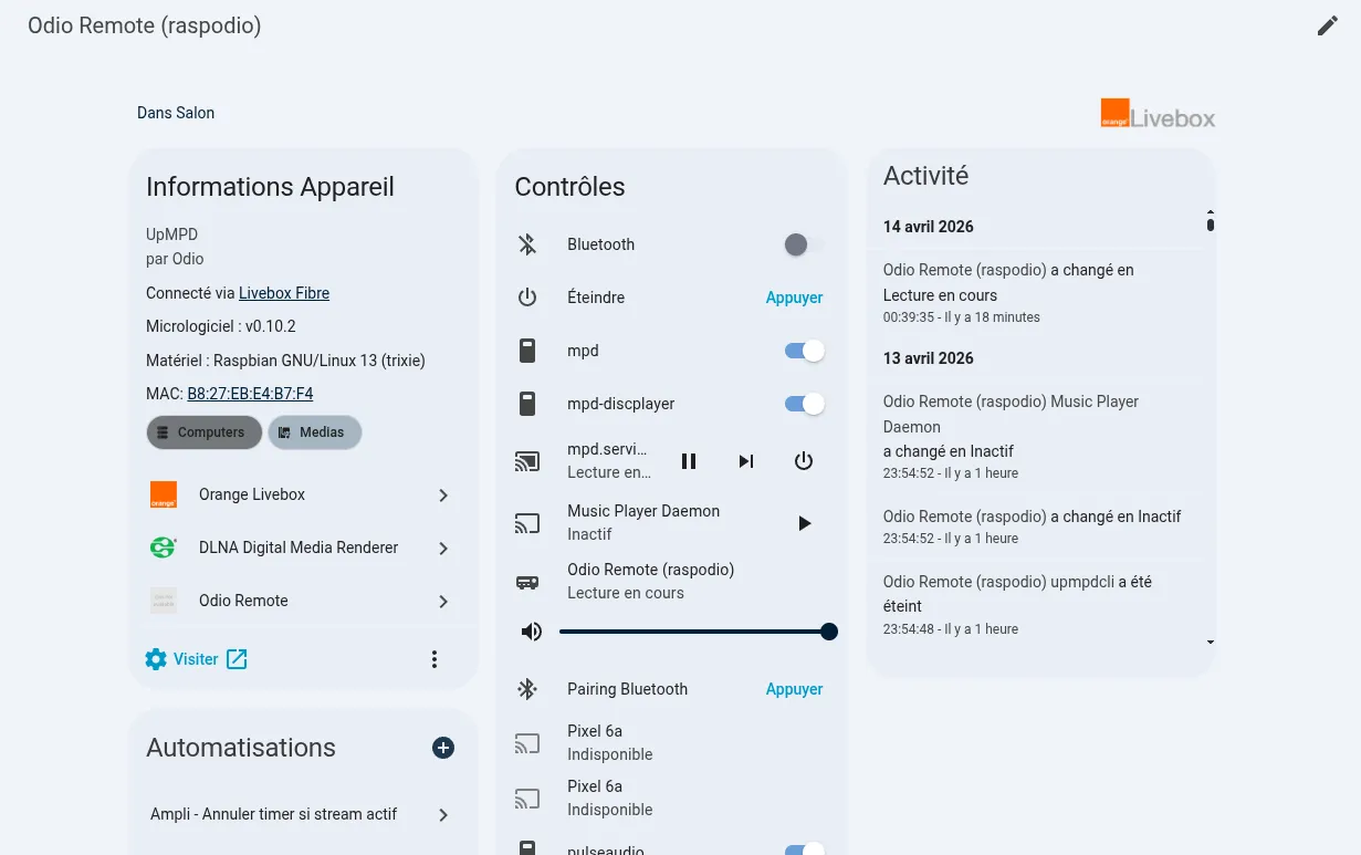 Home Assistant device view of a Raspberry Pi odio node, showing device info, Bluetooth controls, MPD service switches, Odio Remote media player with transport, pairing, remote audio clients, and activity log