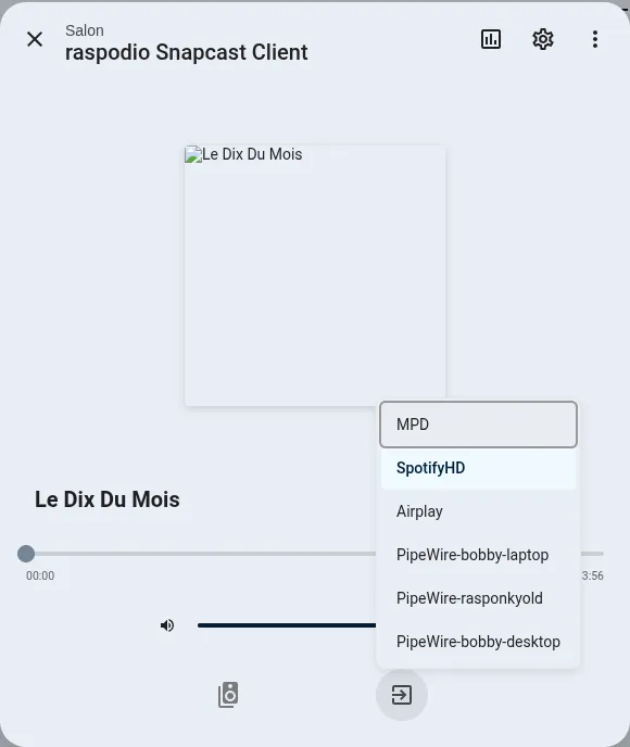 Home Assistant Snapcast client view for the raspodio node in the Salon, with a source selector listing MPD, SpotifyHD, Airplay, and PipeWire streams from bobby-laptop, rasponkyold, and bobby-desktop