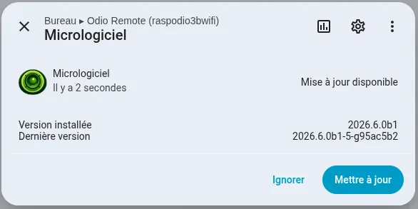 Home Assistant Firmware update entity for an odio node, showing the installed version, a newer available version, and Ignore and Update buttons