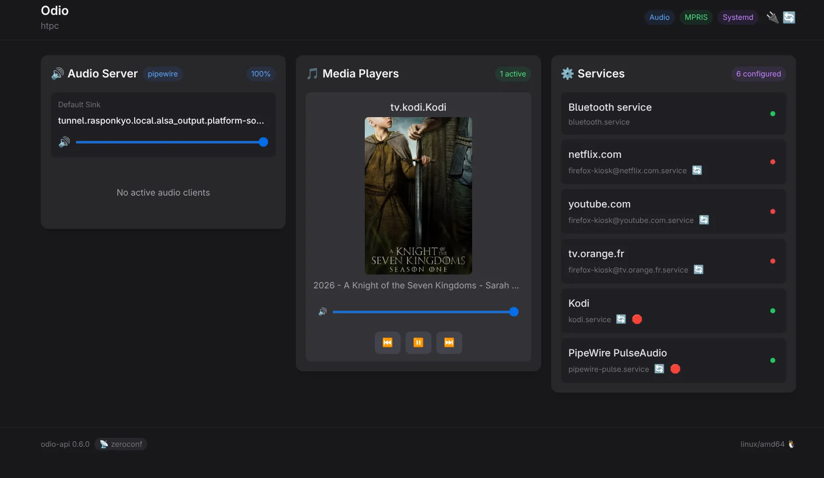 Embedded UI on an HTPC node — PipeWire audio server, Kodi playing with cover art, and Bluetooth, Netflix, YouTube, tv.orange.fr, Kodi, PipeWire PulseAudio managed as services