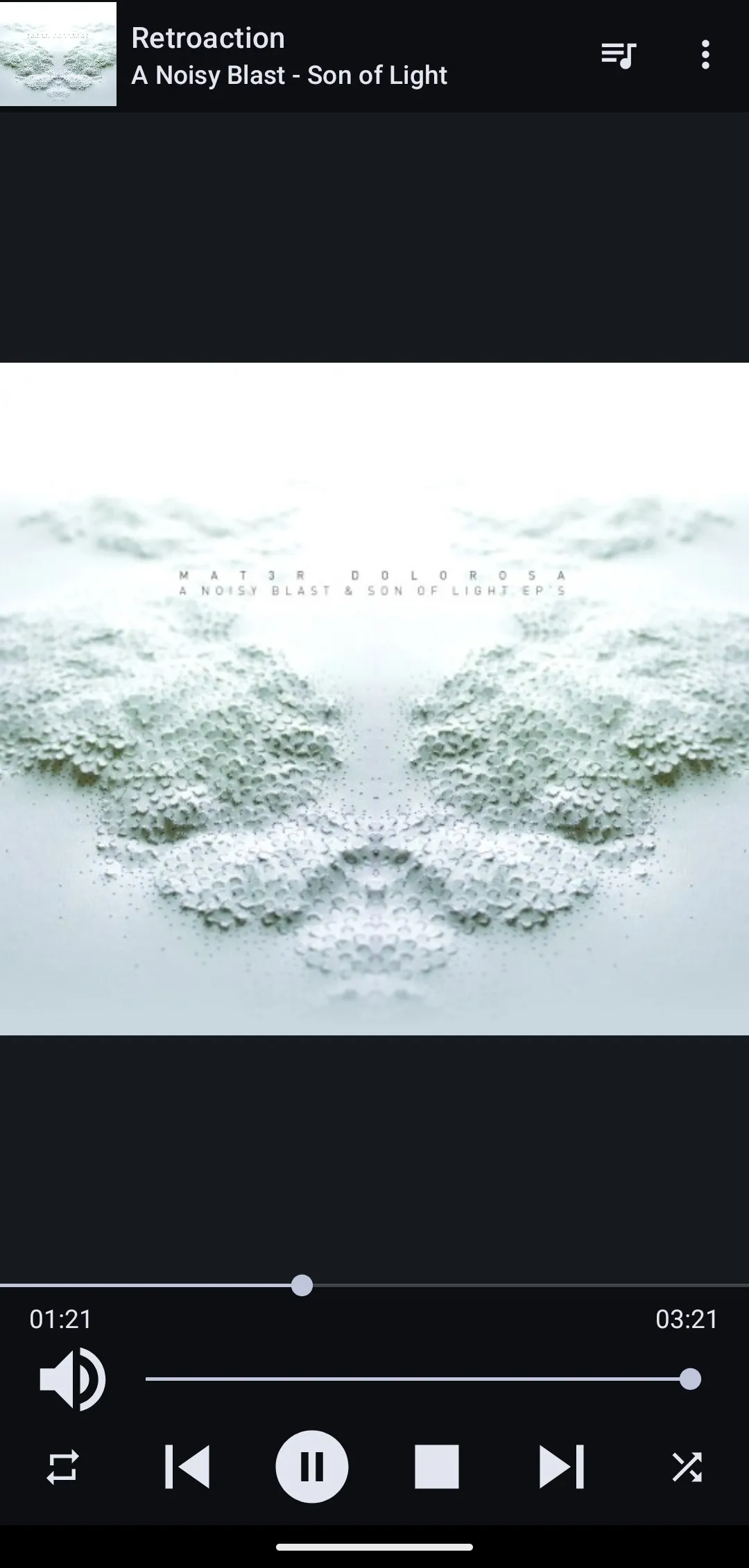 MALP Android app playing a CD track with album cover art, seek bar, and playback controls