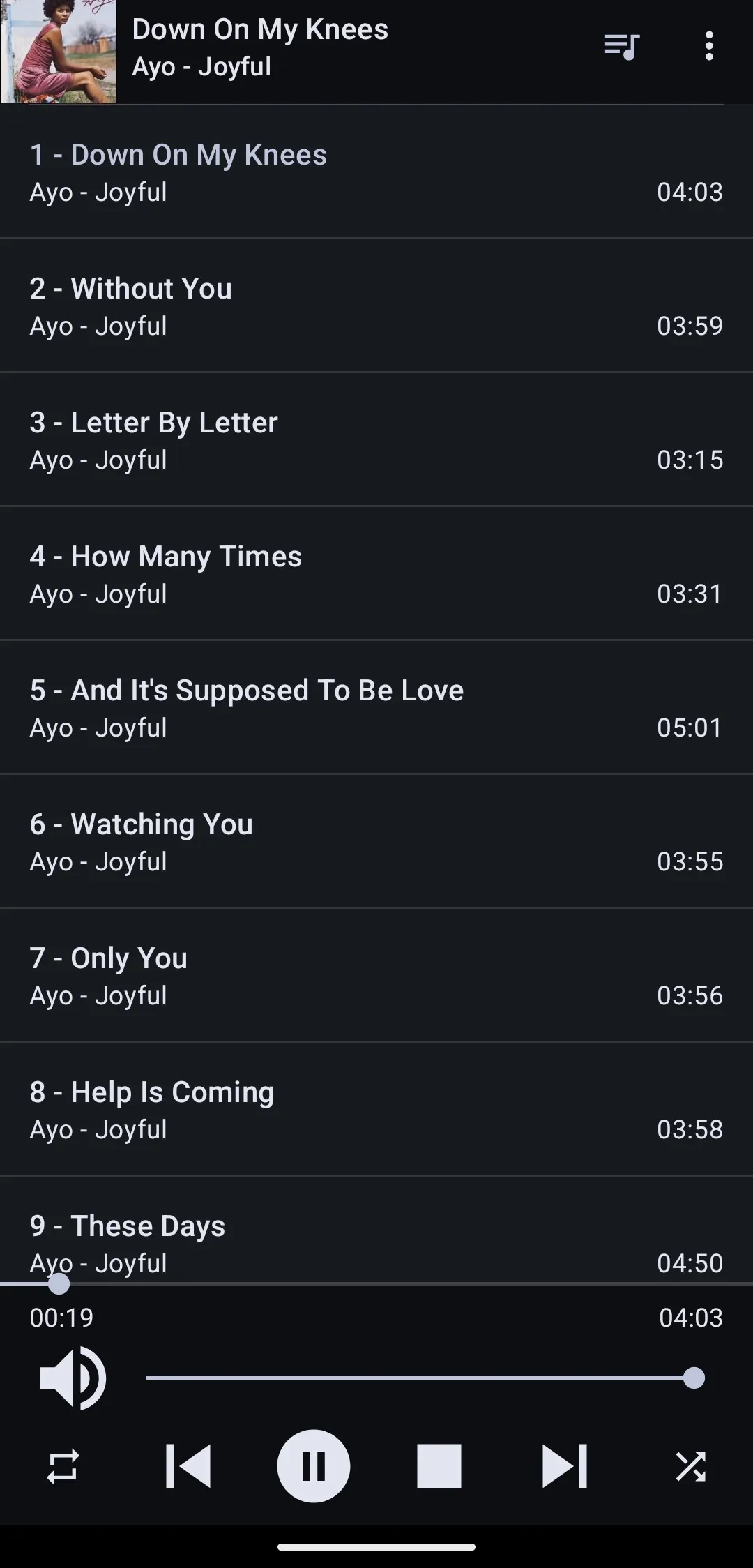 MALP showing the full USB tracklist with artist, album, and track durations