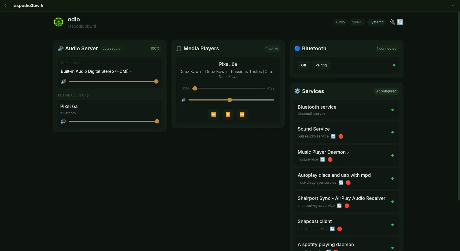 odio embedded UI on a Raspberry Pi receiving audio from a phone over Bluetooth, with PulseAudio as audio server and Bluetooth, MPD, mpd-discplayer, Shairport-Sync, Snapclient, and Spotifyd as managed services