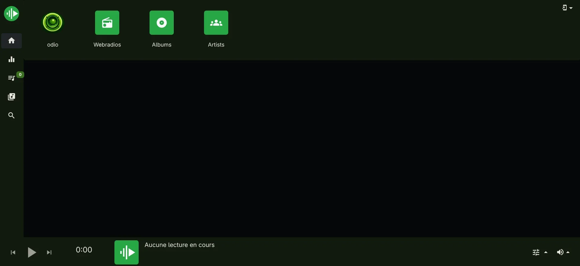 myMPD home page with four shortcut tiles: a green odio logo, Webradios with a radio icon, Albums with a disc icon, and Artists with a group icon