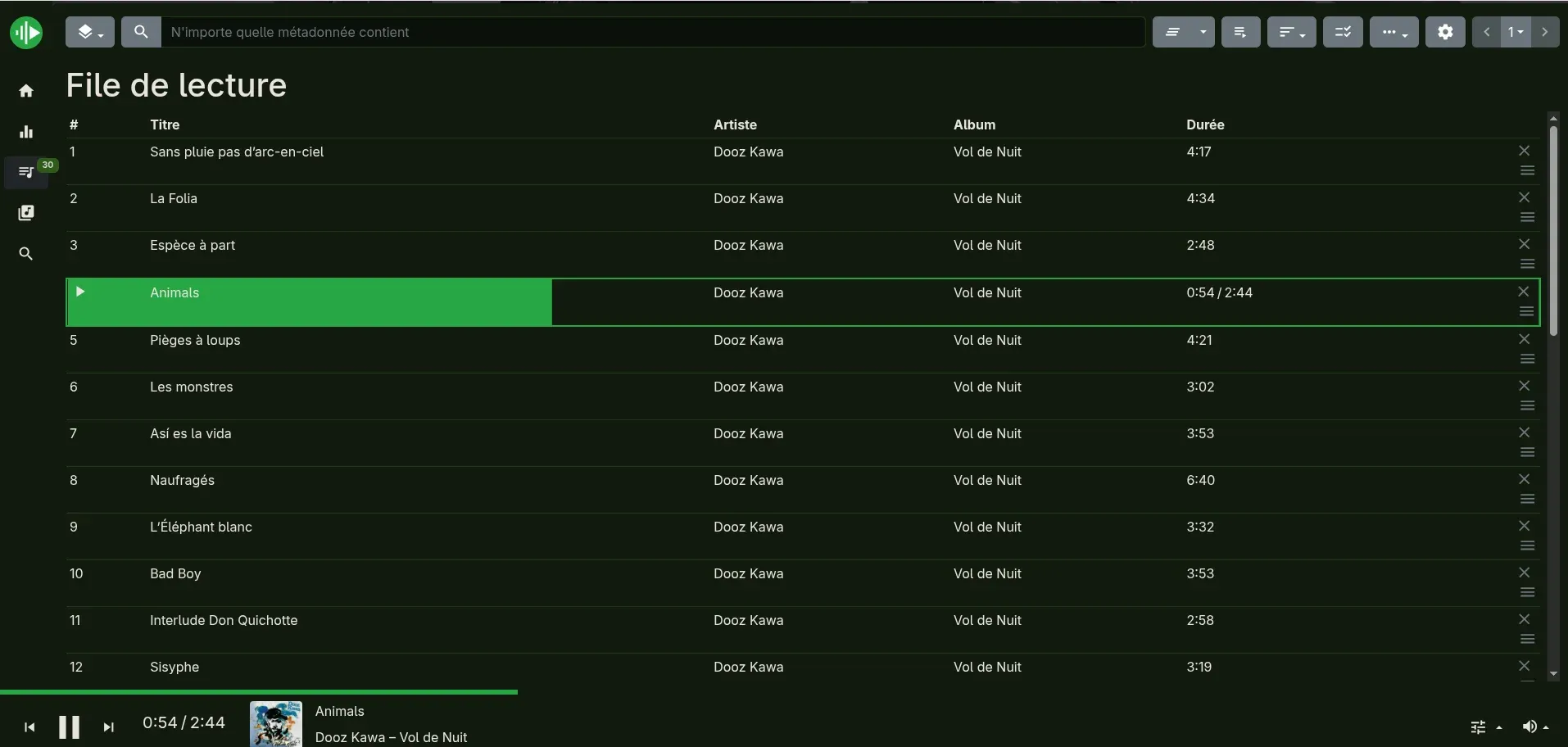myMPD playback queue showing a USB-loaded album, current track highlighted, transport controls in the footer