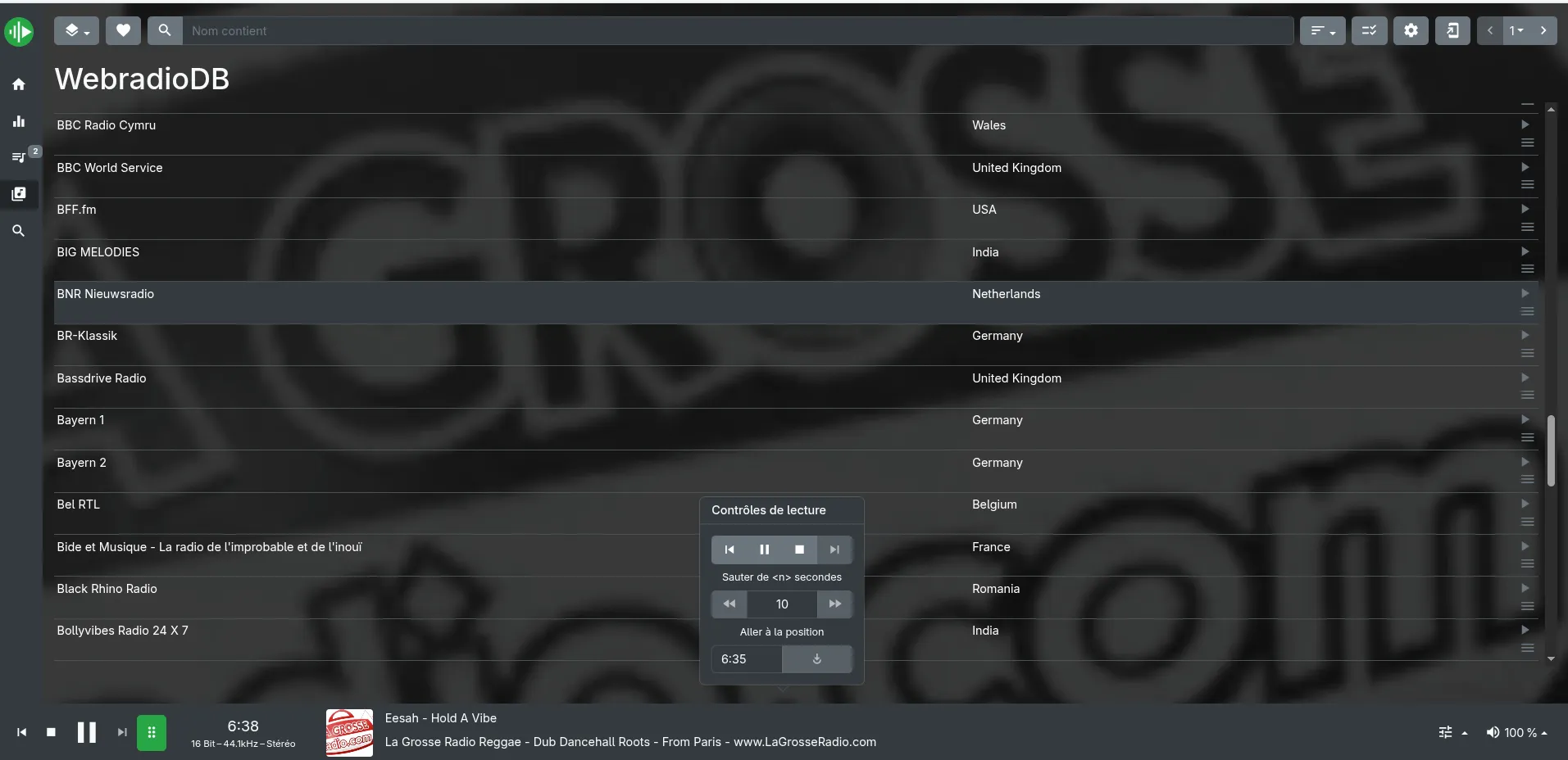 myMPD browsing WebradioDB, station list with country metadata, playback controls visible