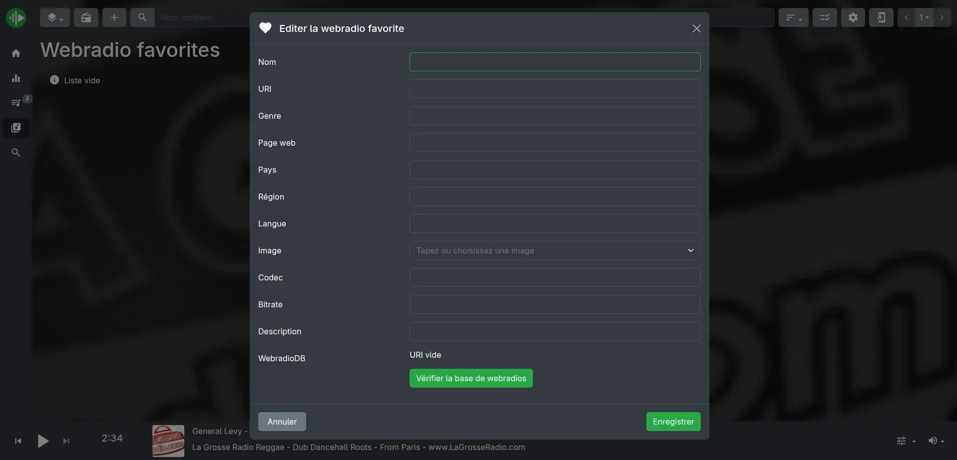 myMPD favorites editor dialog for adding a custom webradio: name, URI, genre, web page, country, region, language, image, codec, bitrate, description fields, plus a button to cross-check the entry against WebradioDB