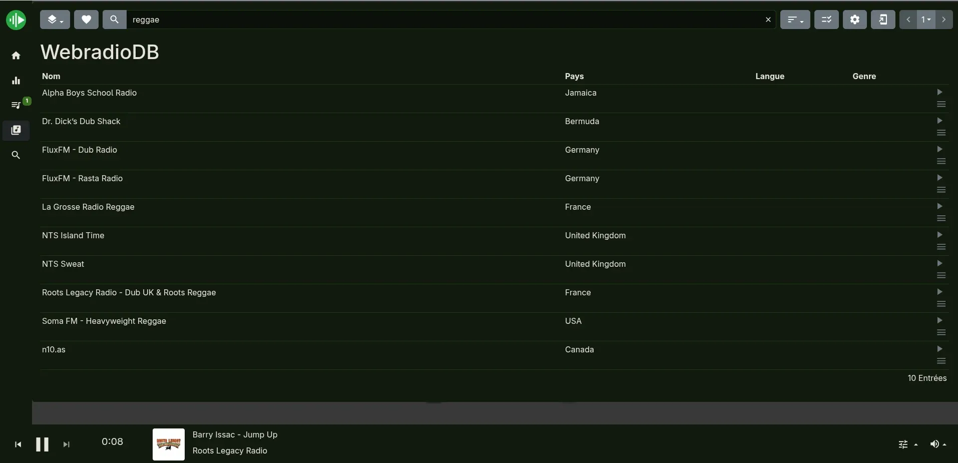 WebradioDB search in myMPD filtered for reggae: Alpha Boys School Radio (Jamaica), Dr. Dick's Dub Shack (Bermuda), FluxFM stations (Germany), La Grosse Radio Reggae (France), NTS Island Time and Sweat (UK), Roots Legacy Radio (France), Soma FM Heavyweight Reggae (USA), n10.as (Canada)