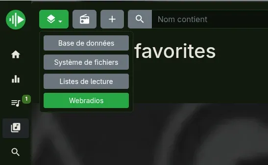 myMPD source switcher dropdown with Webradios selected, alongside Database, Filesystem, and Playlists