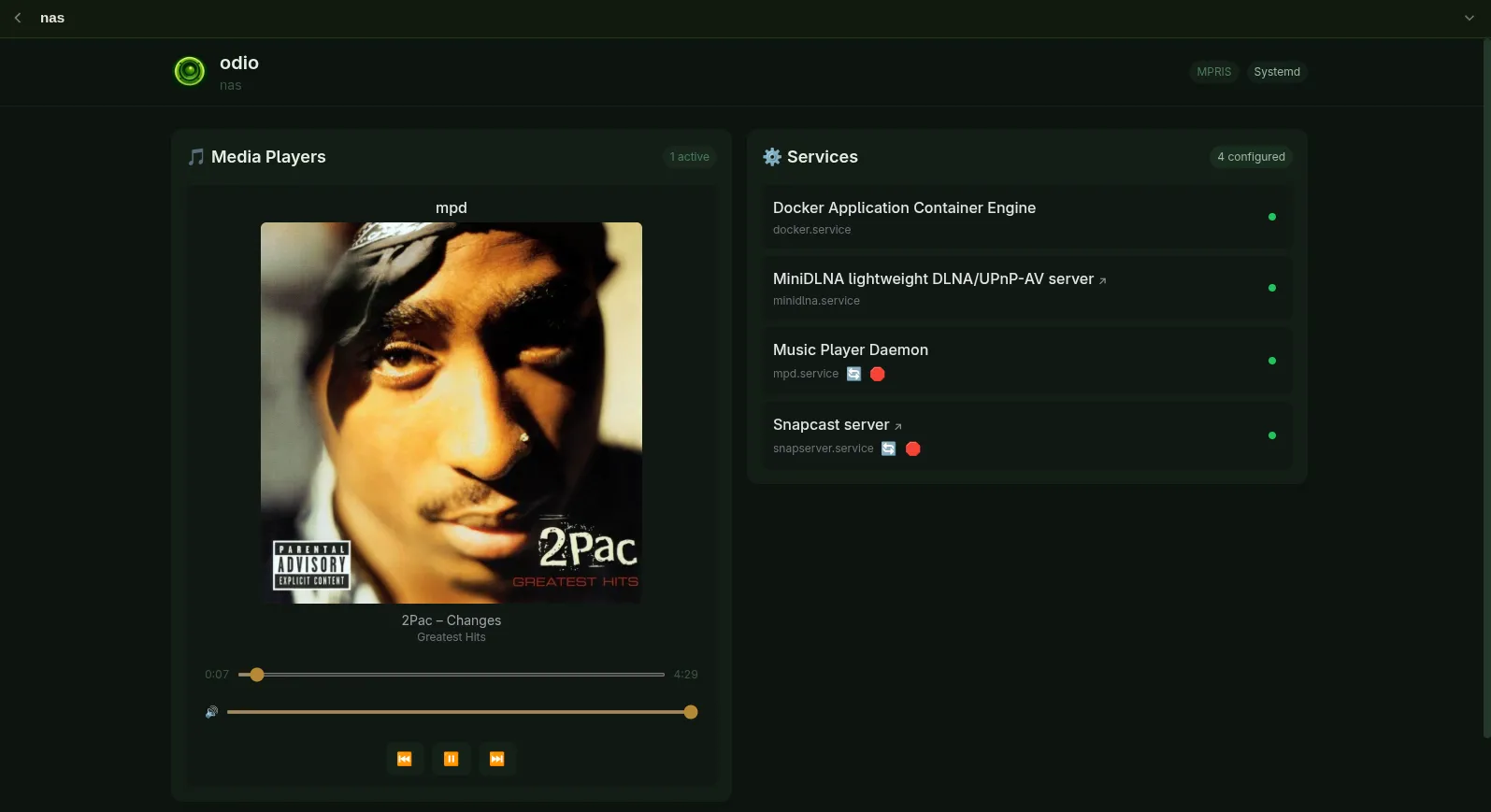 odio embedded UI on a NAS-style node with MPD playing 2Pac and MiniDLNA, MPD, Snapcast server, and Docker as managed services