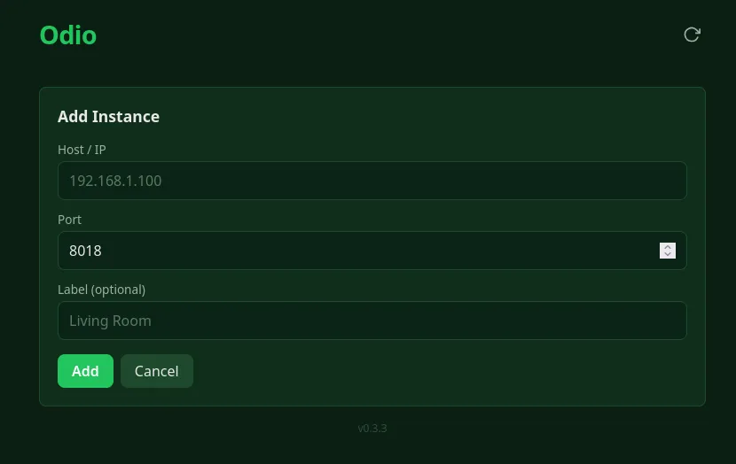 Add Instance form with Host/IP, Port, and optional Label fields