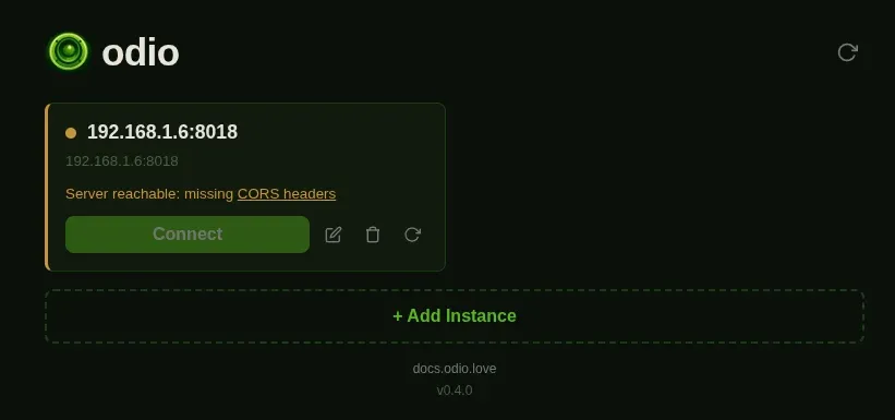 odio PWA card showing 192.168.1.6:8018 with status Server reachable: missing CORS headers, where CORS headers is a hyperlink to the docs