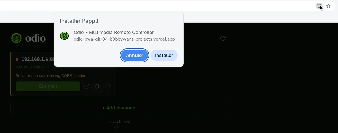Chrome desktop install prompt for the odio application, with Cancel and Install buttons