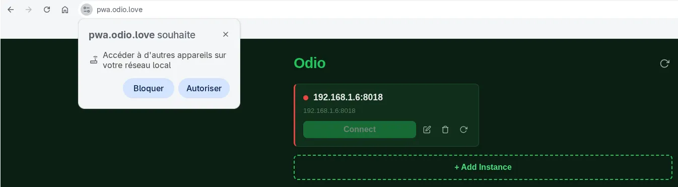 Chrome Local Network Access prompt on pwa.odio.love asking to access other devices on the local network