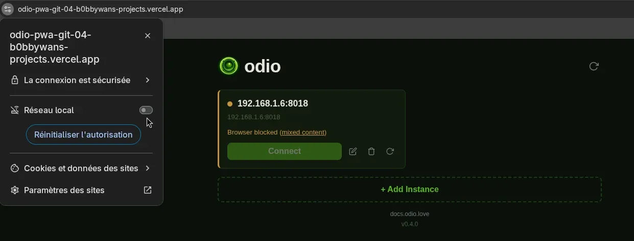 Chrome site settings panel showing Local Network toggle off, with the PWA showing a Browser blocked (mixed content) card status