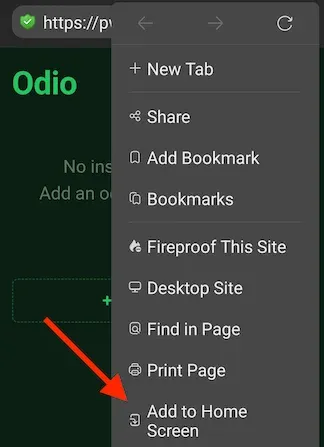 DuckDuckGo browser three-dot menu open with Add to Home Screen highlighted