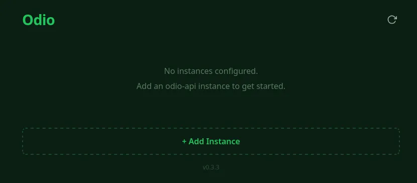 odio application first launch — no instances configured, with an Add Instance button