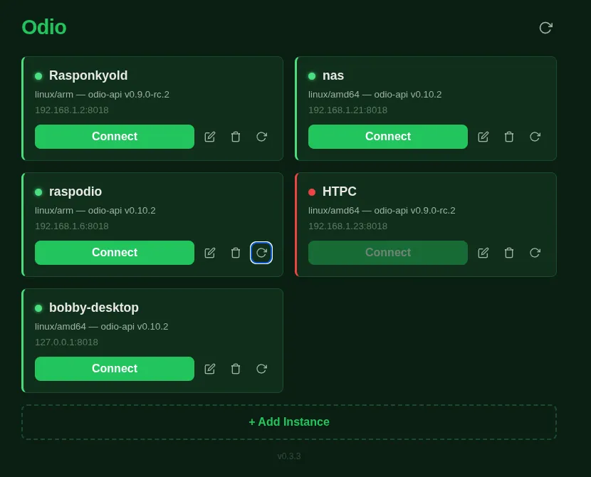 Five configured odio nodes showing name, architecture, odio-api version, IP address, and connection status
