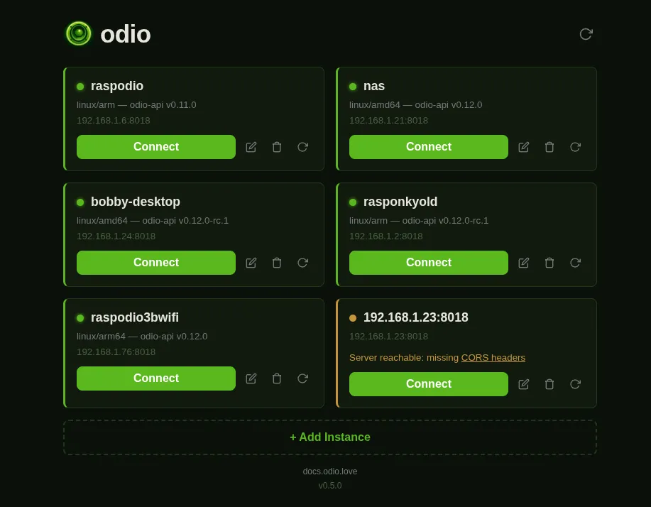Six configured odio nodes showing name, architecture, odio-api version, IP address, and connection status, with one showing a missing-CORS-headers warning