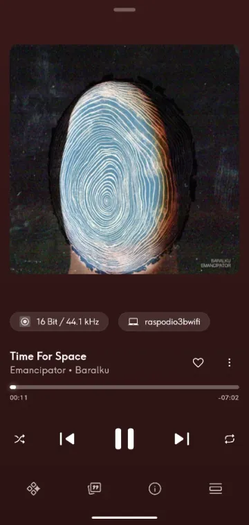 The Qobuz phone app's now-playing screen while casting to an odio node: cover art, a quality chip reading 16 bit 44.1 kHz next to a device chip carrying the node's hostname, then the seek bar and transport controls