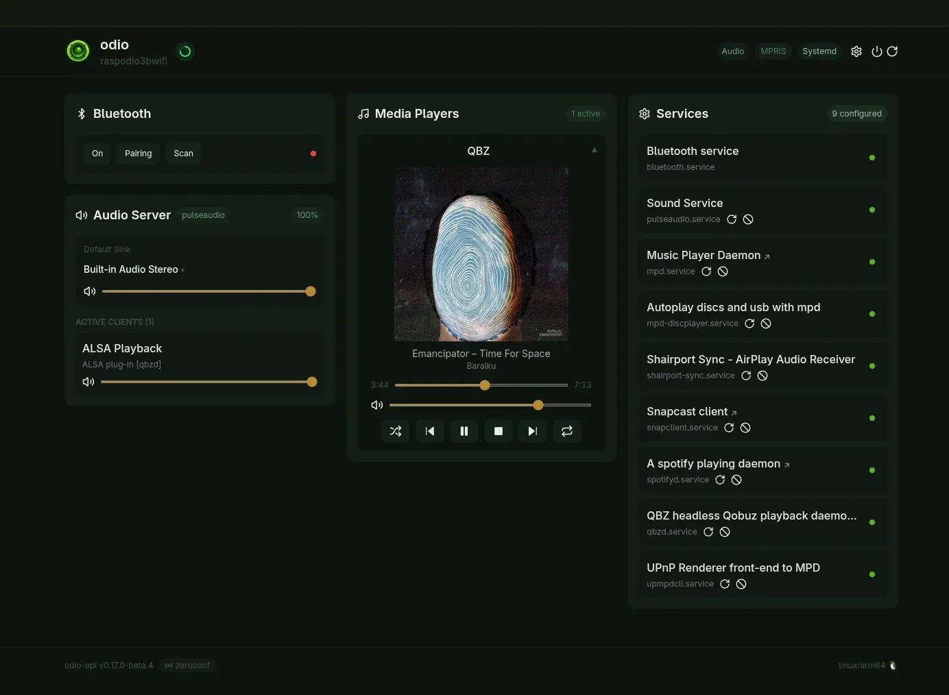 Embedded web UI during Qobuz Connect playback: the Media Players card shows a QBZ player with cover art, seek bar and transport controls, the Audio Server card lists an ALSA playback client tagged qbzd, and the Services panel includes the QBZ headless Qobuz playback daemon