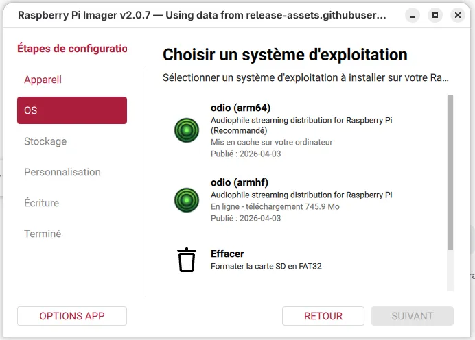 Raspberry Pi Imager showing odio images available for arm64 and armhf architectures