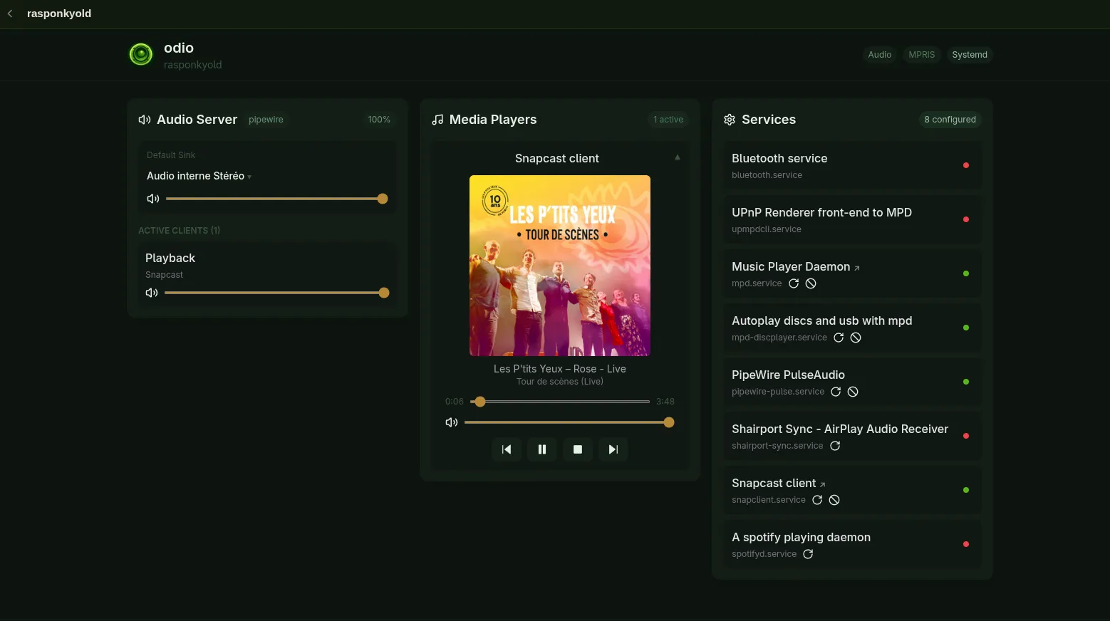 odio UI on a Raspberry Pi client: the Media Players panel shows Snapcast client playing the same track with cover art forwarded by the meta_go-librespot.py control script