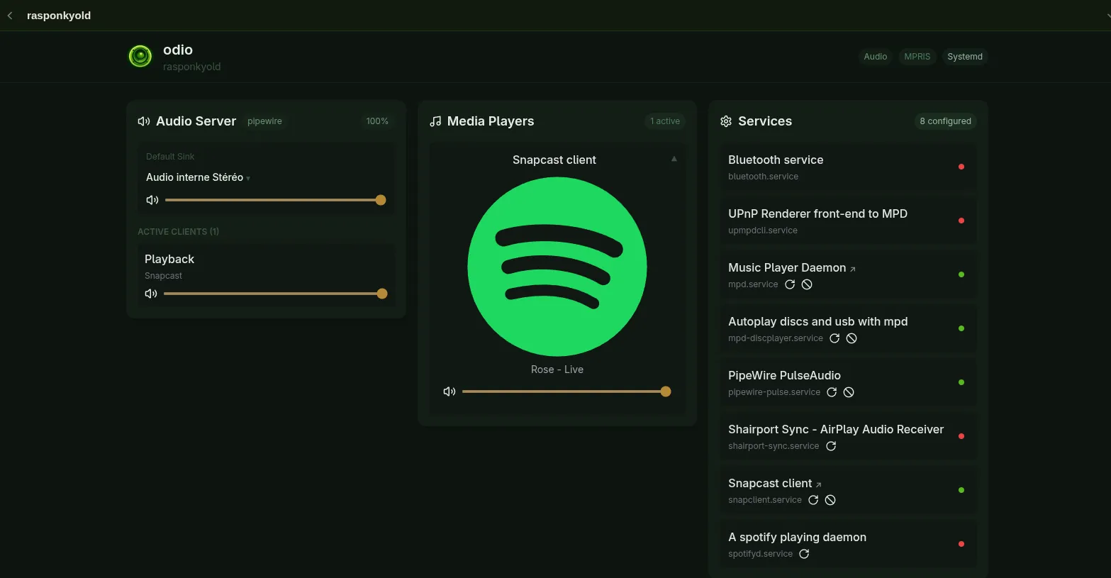odio UI on a Raspberry Pi client: the Media Players panel shows Snapcast client with the generic Spotify logo and a track title only, no artist or cover art