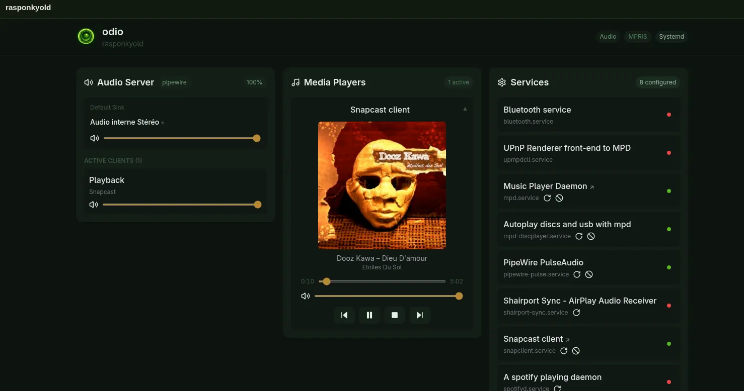 odio UI on a Raspberry Pi client: the Media Players panel shows Snapcast client playing the same track via MPRIS with cover art, and Snapcast client service active in the Services panel