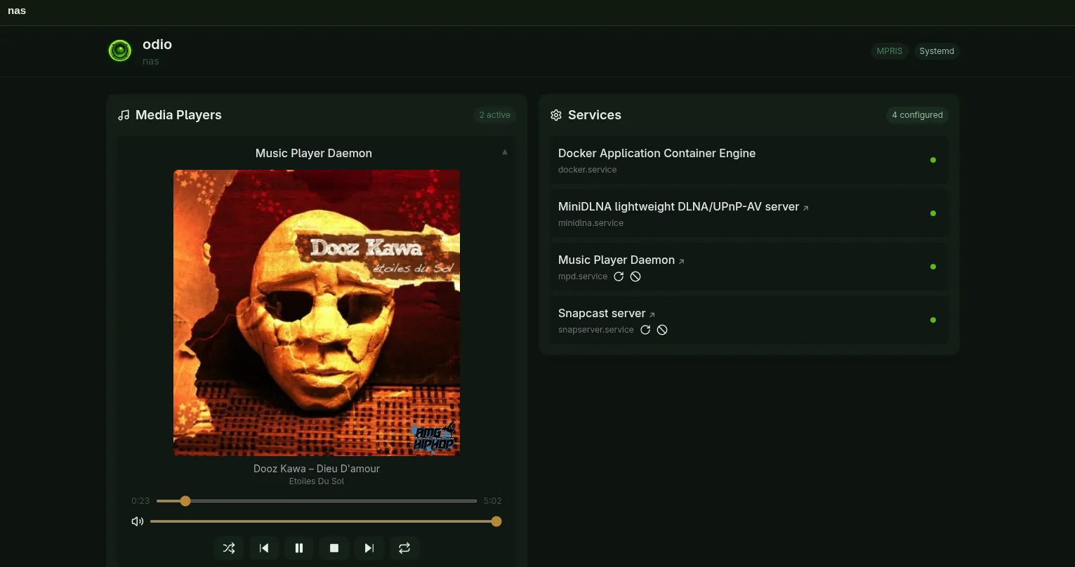 odio UI on the NAS: the Media Players panel shows MPD active with cover art and transport controls, and the Services panel lists snapserver.service active alongside docker, minidlna, and mpd