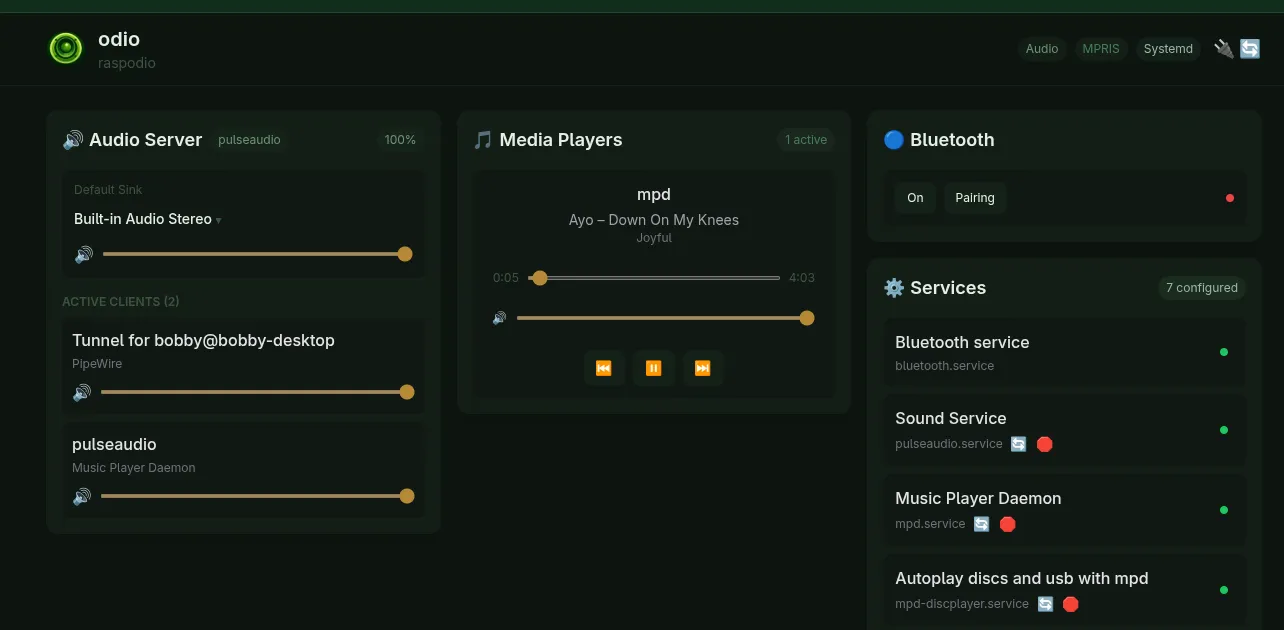 Embedded UI playing a USB flash drive via MPD — track metadata displayed without cover art