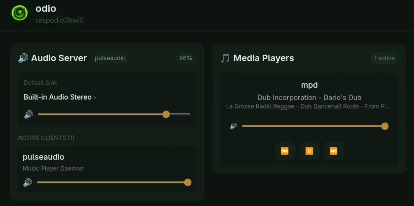 Embedded UI on raspodio3bwifi showing MPD playing Dub Incorporation - Dario's Dub from La Grosse Radio Reggae, with transport controls and the Built-in Audio Stereo output active