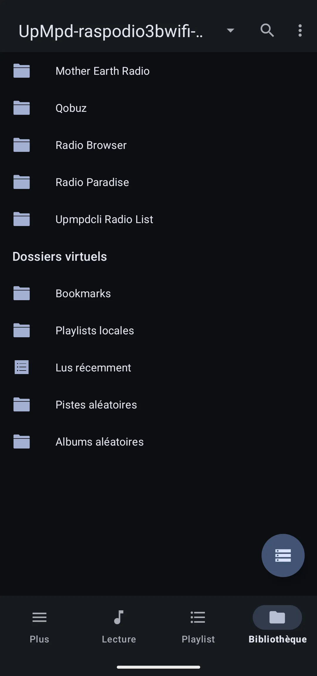 upmpdcli library root with Mother Earth Radio, Qobuz, Radio Browser, Radio Paradise, and Upmpdcli Radio List