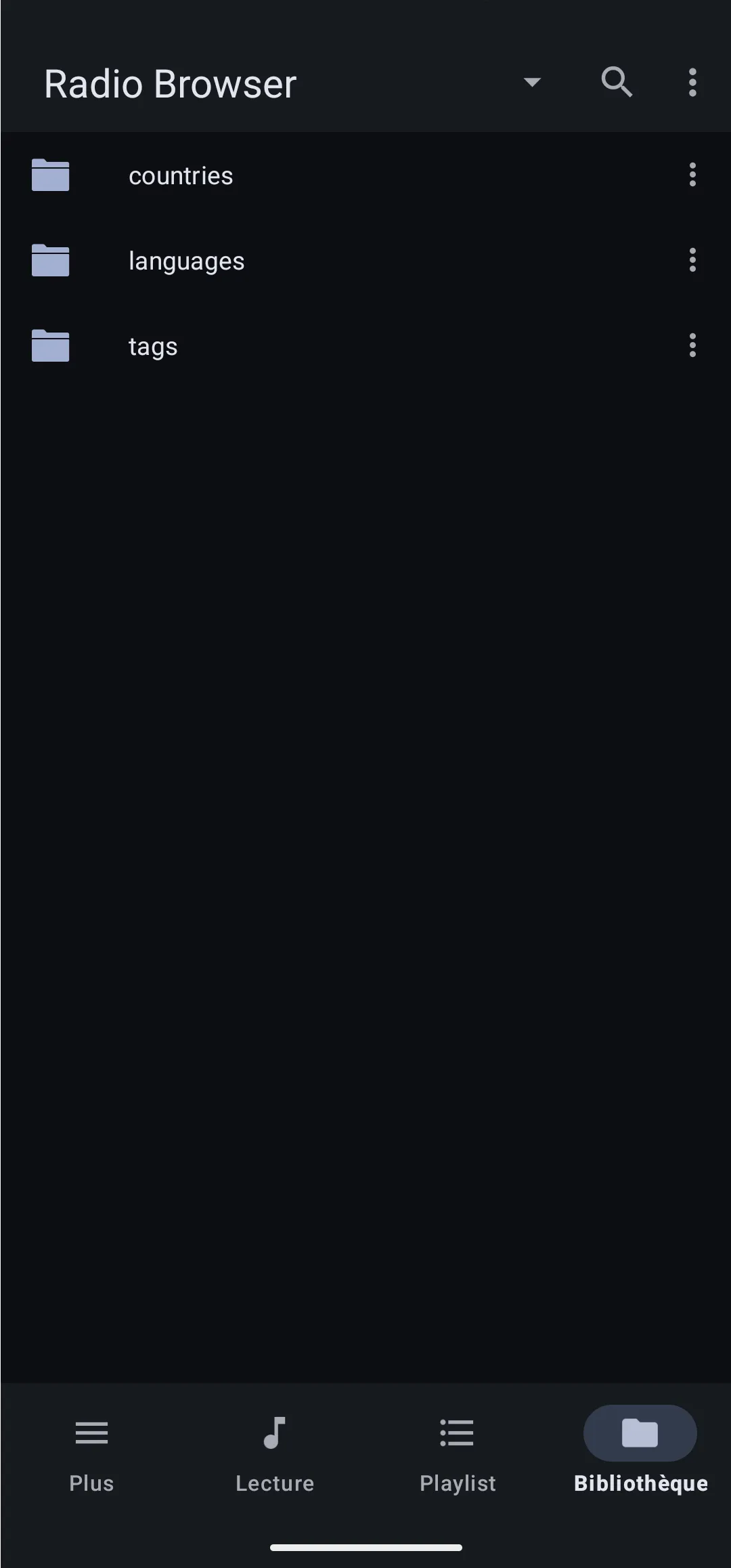 Radio Browser entry with countries, languages, and tags folders