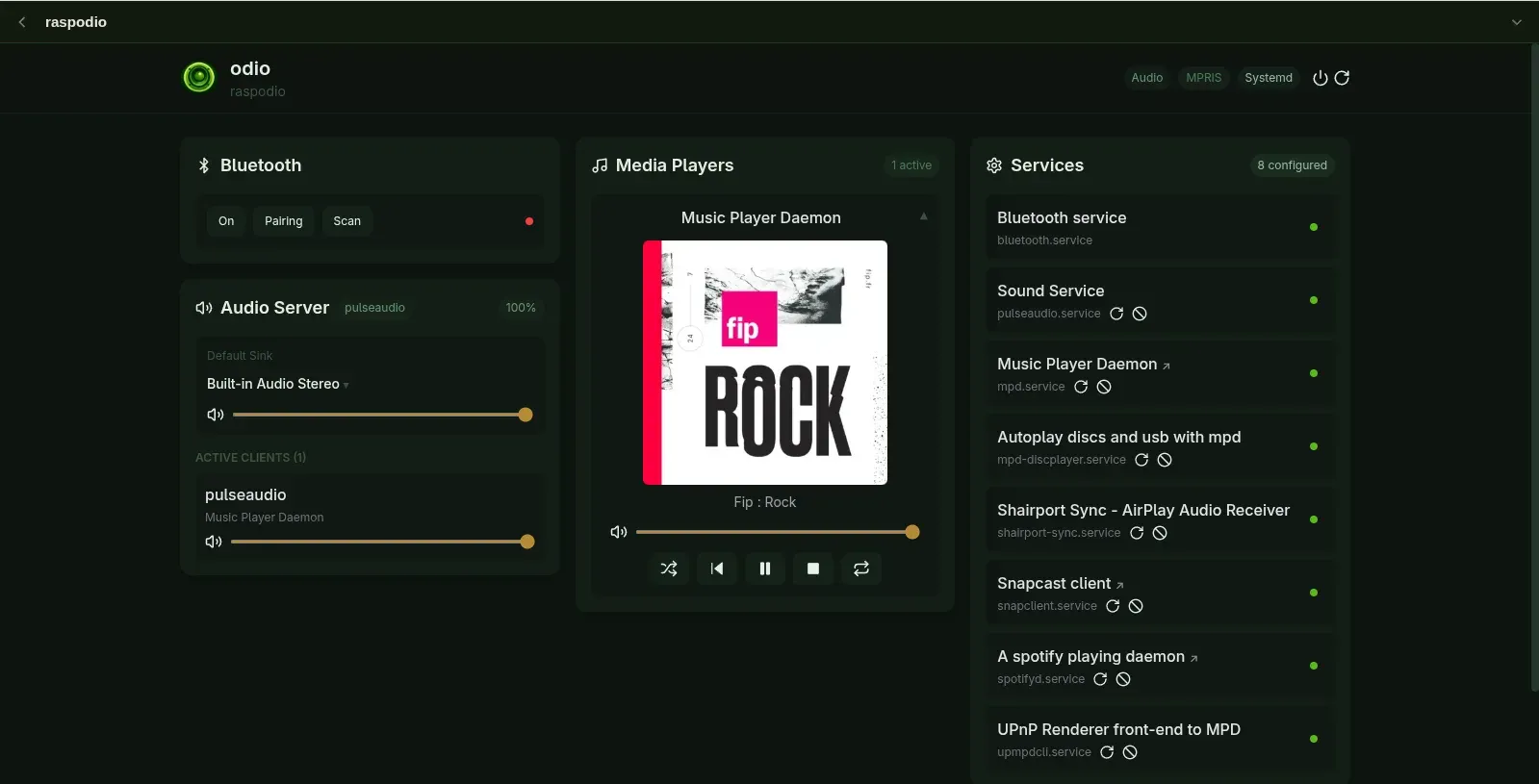 odio embedded UI: the Media Players panel shows a webradio playing through MPD with the station's own logo as artwork and only the station name as the title, and the Services panel listing eight configured services