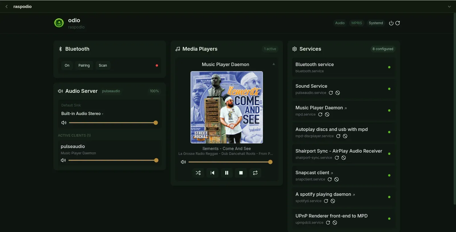 odio embedded UI playing a webradio via MPD, with the stream's album cover art and the artist and title shown alongside transport controls